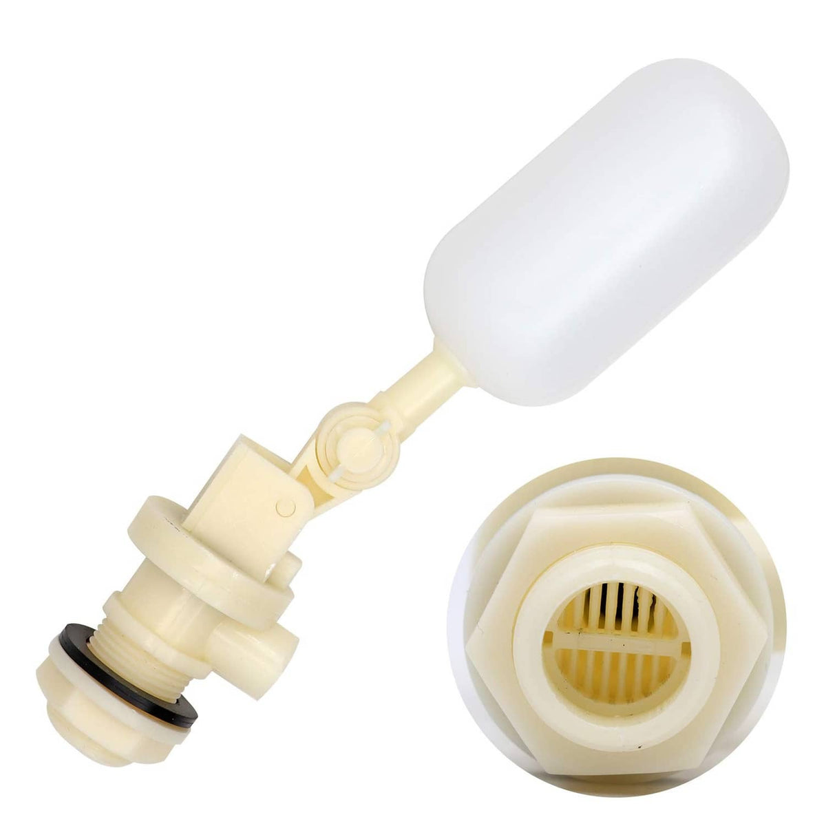 Float ball valve with white float, cream fittings, and visible threaded connection
