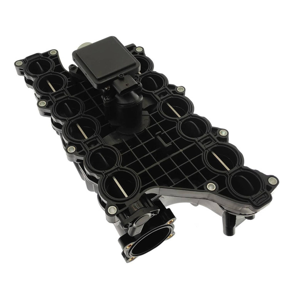 Black intake manifold with control actuator, circular intake openings and sensor mounts
