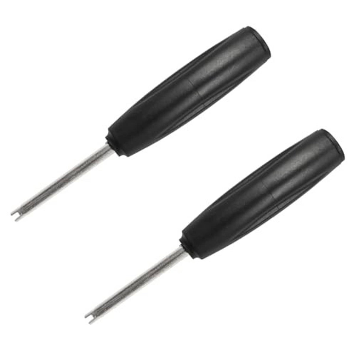 Tire valve core torque tools with black handle grips and long metal prongs, two pieces