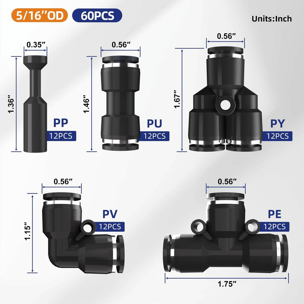 Black 5/16in OD push-to-connect fittings, 60 pcs with dimension labels