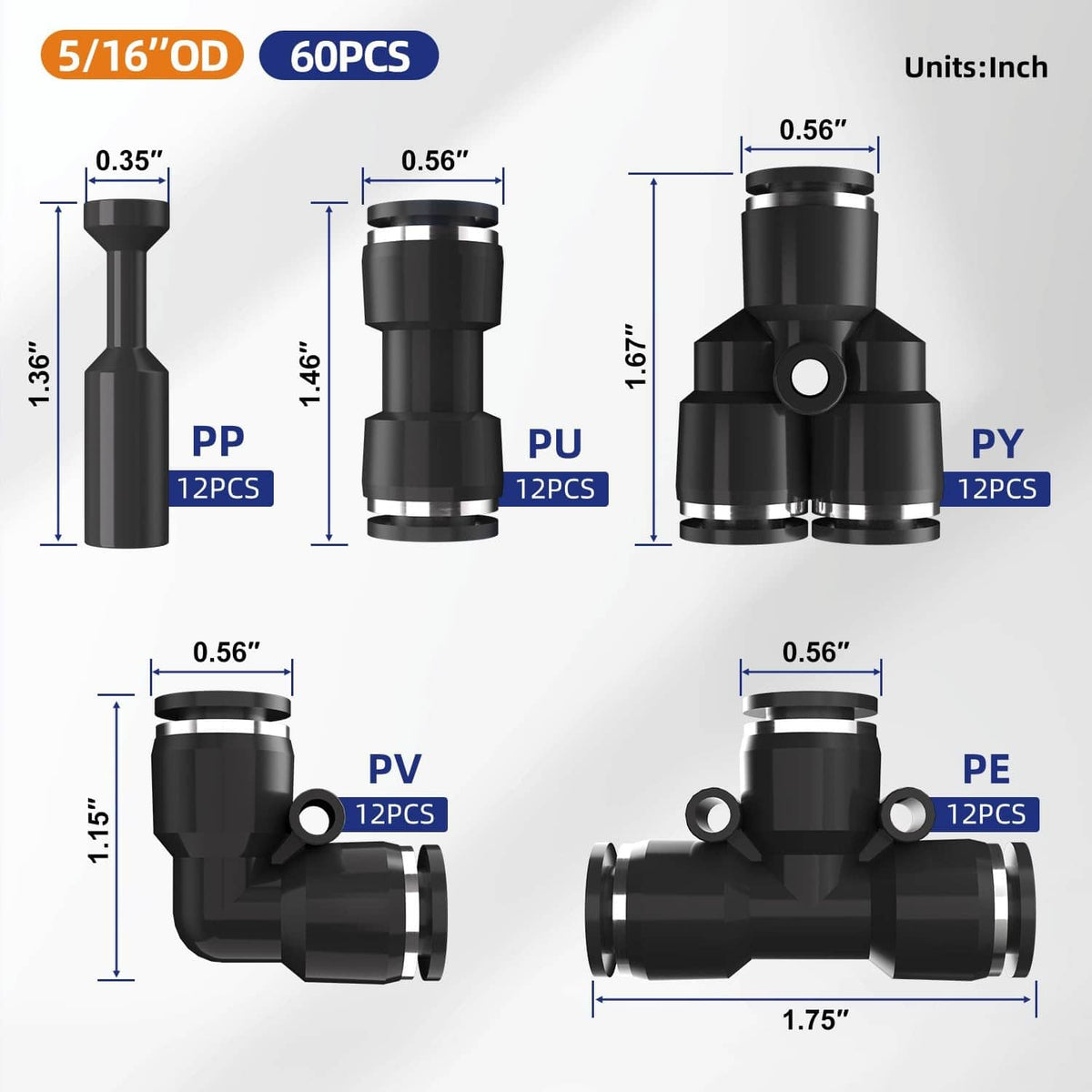 Black 5/16in OD push-to-connect fittings, 60 pcs with dimension labels