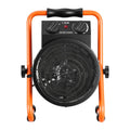 Electric greenhouse heater with orange handle frame and black front mesh grill