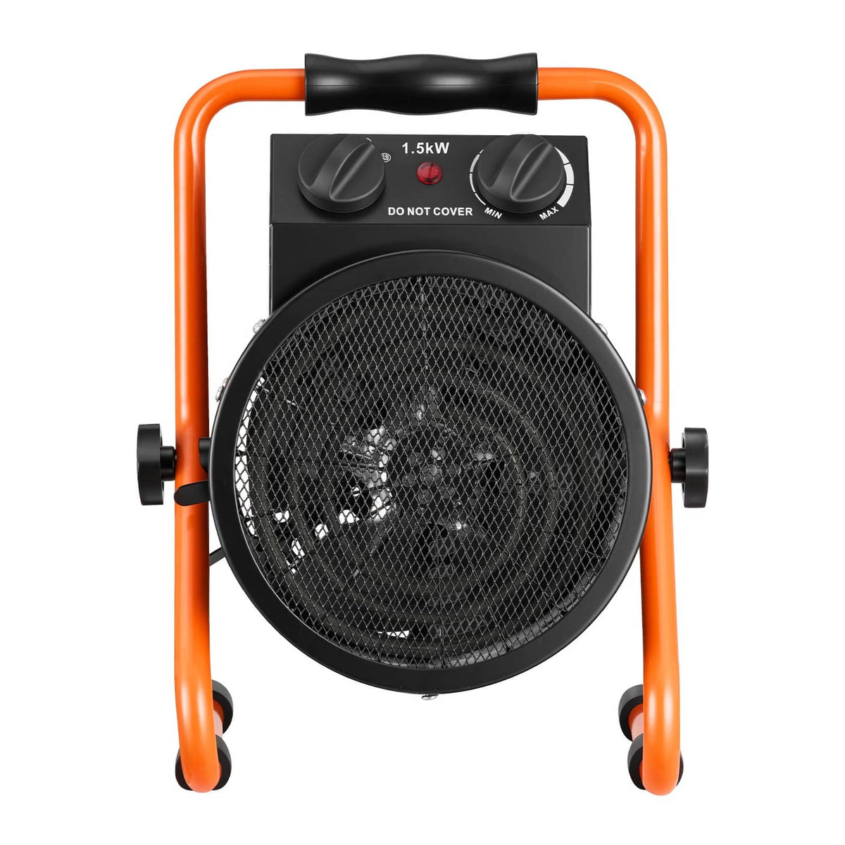 Electric greenhouse heater with orange handle frame and black front mesh grill