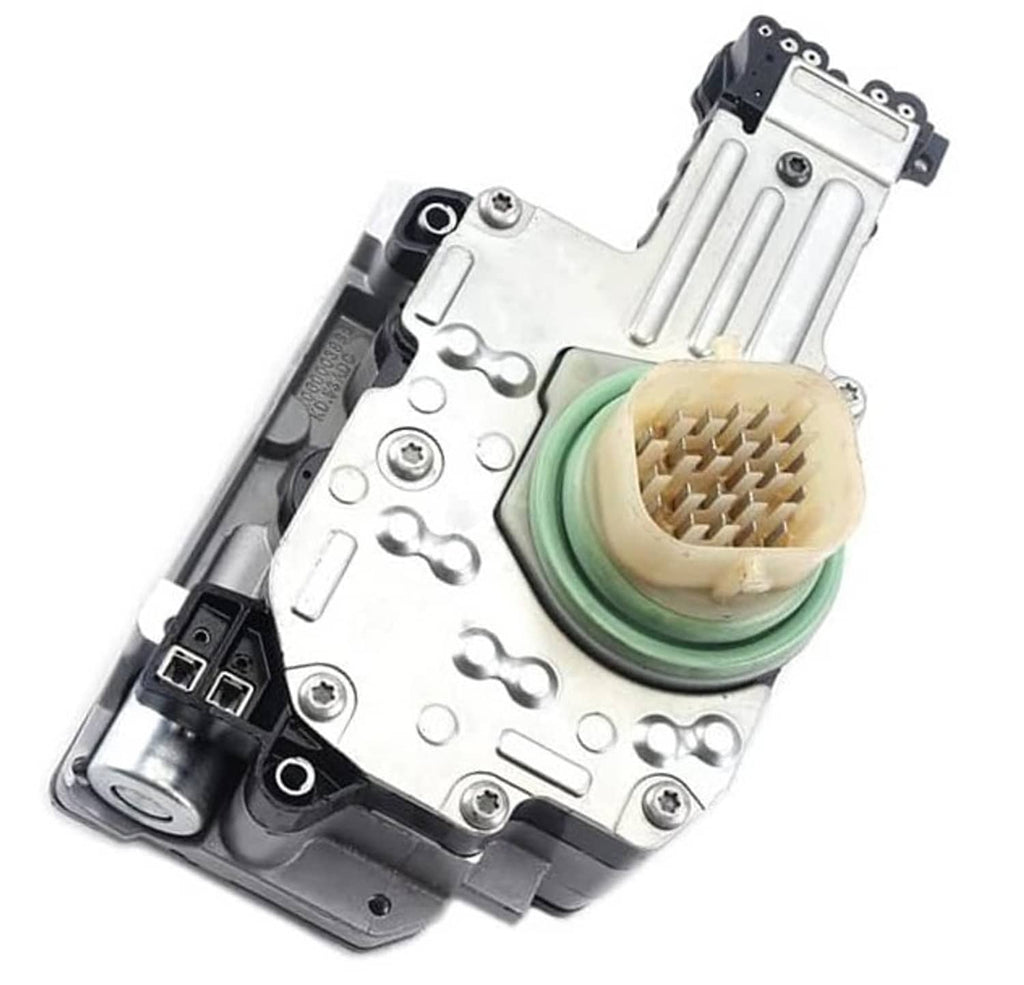 Transmission solenoid pack with green seal and beige multi-pin plug, close angle