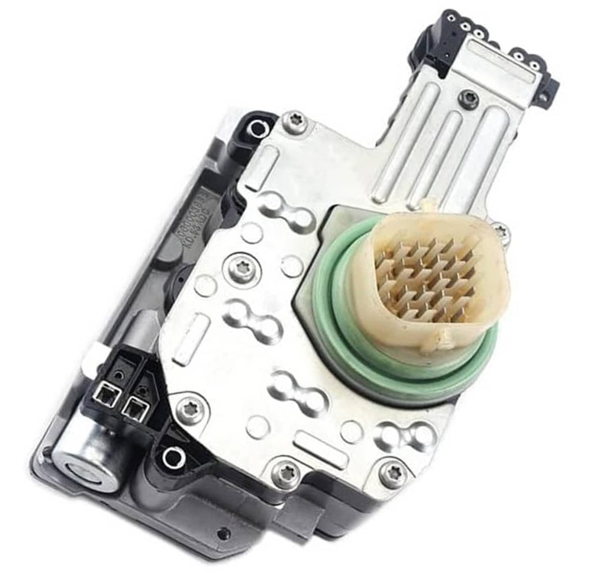 Transmission solenoid pack with green seal and beige multi-pin plug, close angle