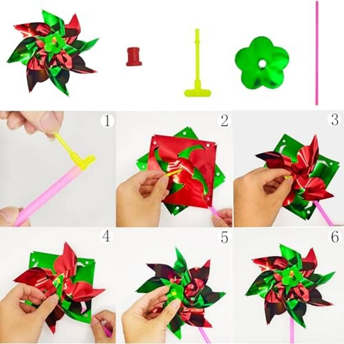Kids plastic pinwheel parts and pinwheel flower on pink stick, hands assembling