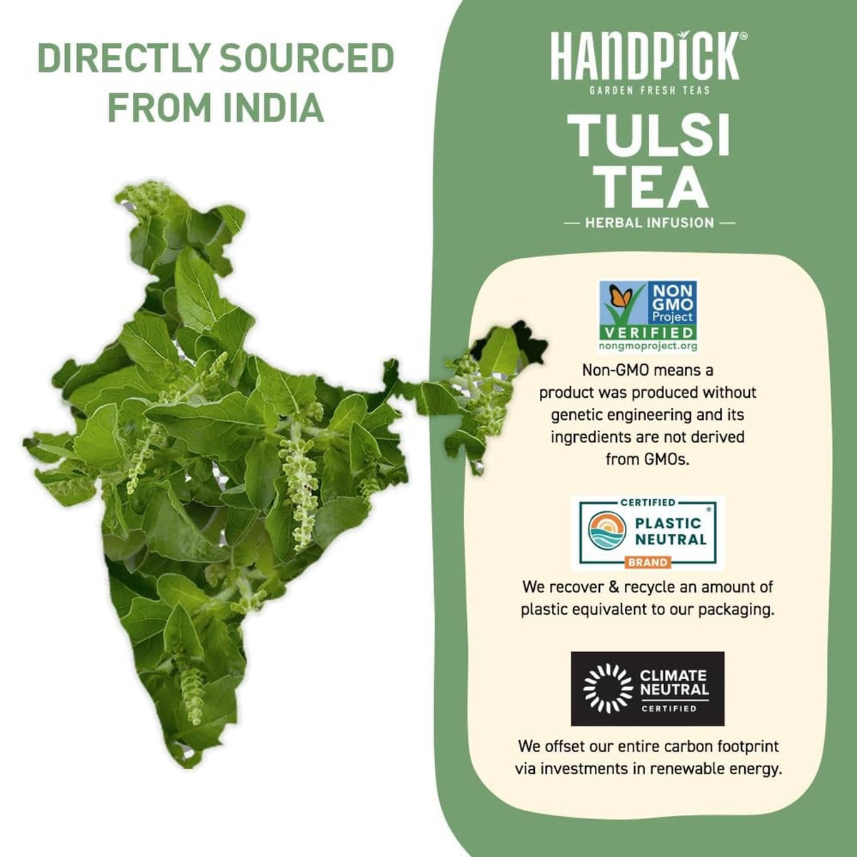 Tulsi tea herbal infusion pouch with Non-GMO and Plastic Neutral certification badges