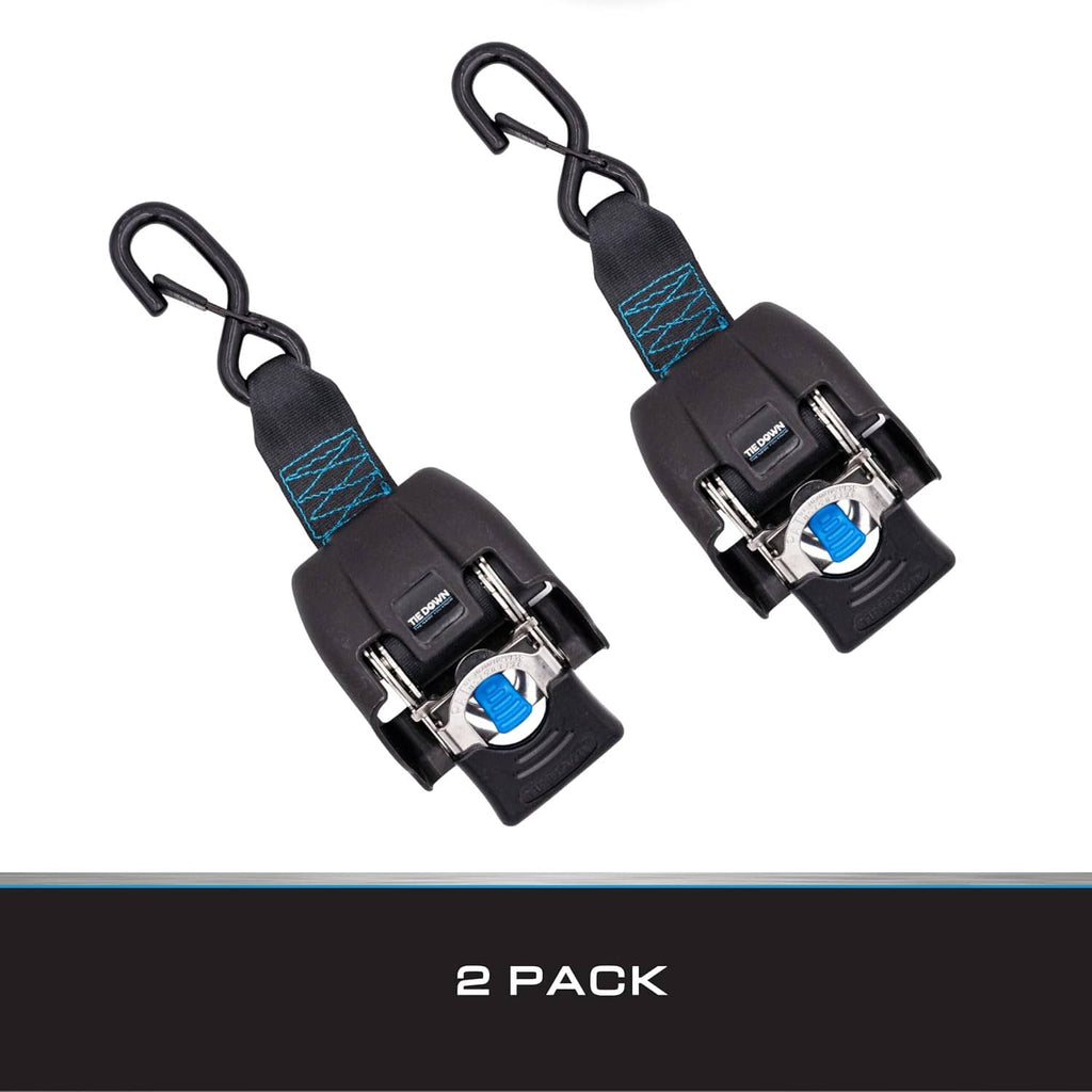 2-pack retractable boat transom straps with black webbing, blue stitch, and S-hook clips