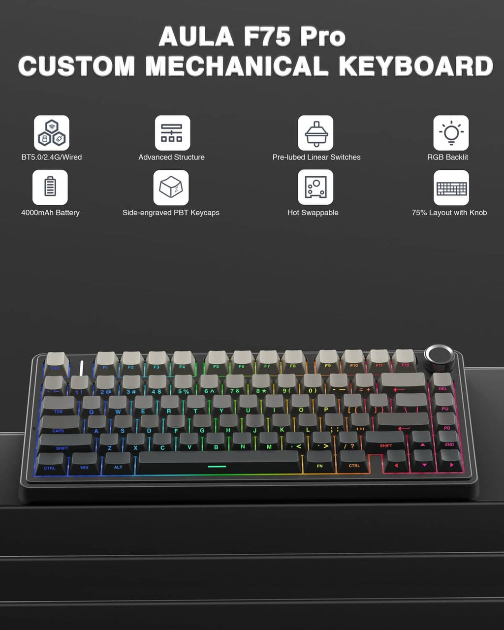 Black 75% mechanical keyboard with multicolor RGB backlit keys and side dial