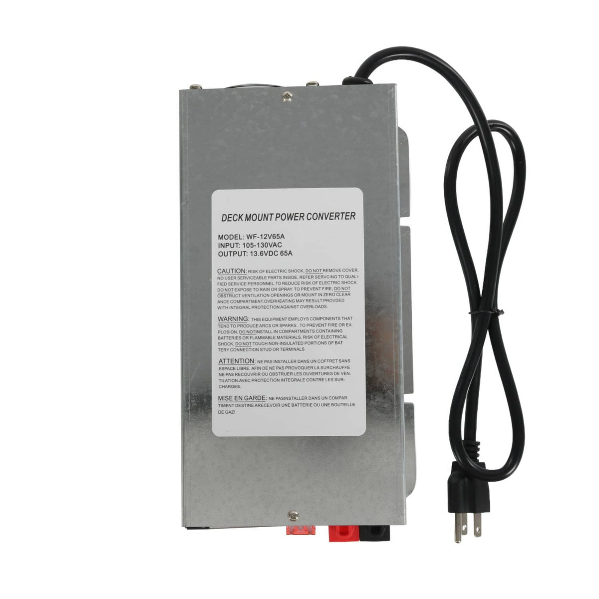 RV power converter charger back panel with warning label and AC power cord