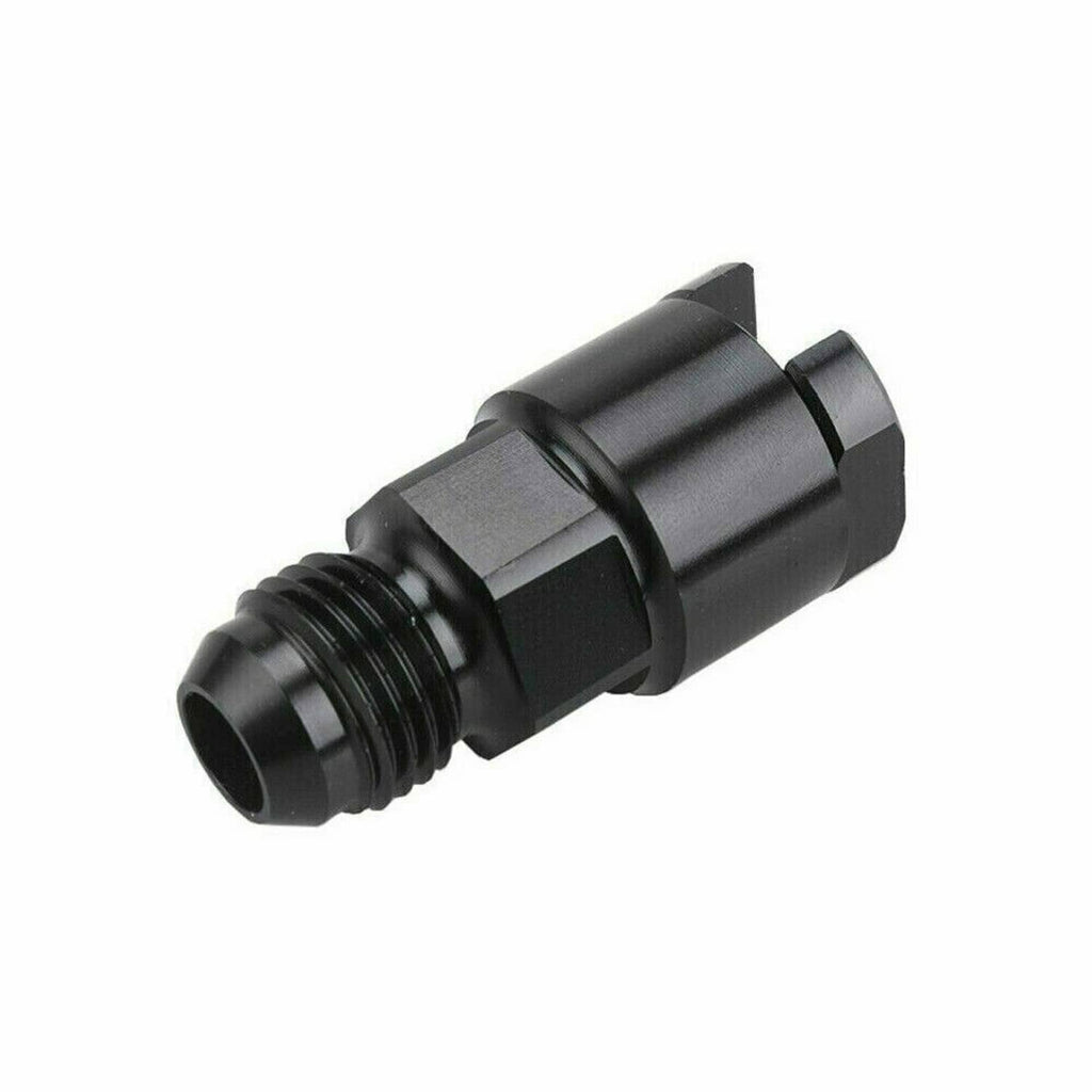 Black AN 8 fuel adapter fitting with AN-style threads and quick-connect barbed inlet