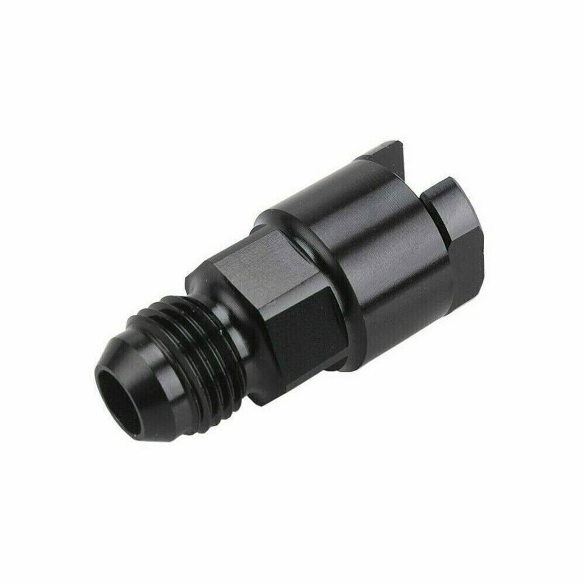 Black AN 8 fuel adapter fitting with AN-style threads and quick-connect barbed inlet