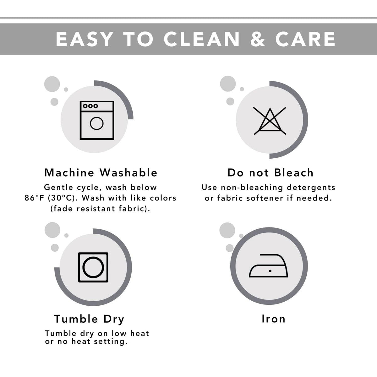 Sofa cover care icons: machine washable, tumble dry, do not bleach, iron