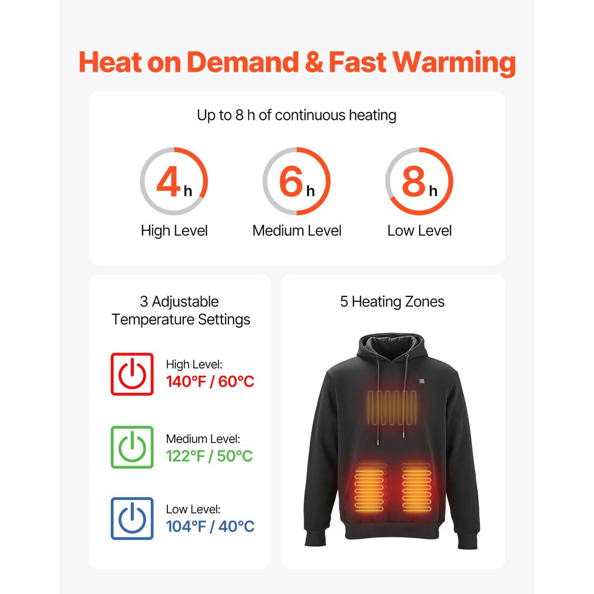 Heated black hoodie jacket with heat zones shown on the front panel and adjustable hood