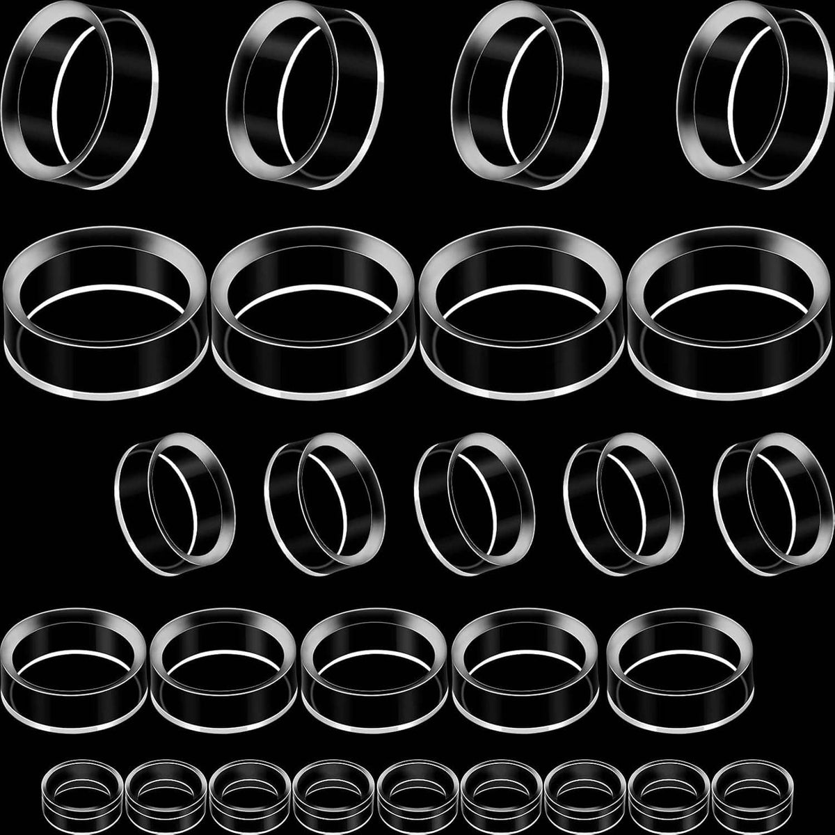 Acrylic sphere stand set, clear rings in mixed sizes, shown in multiple rows