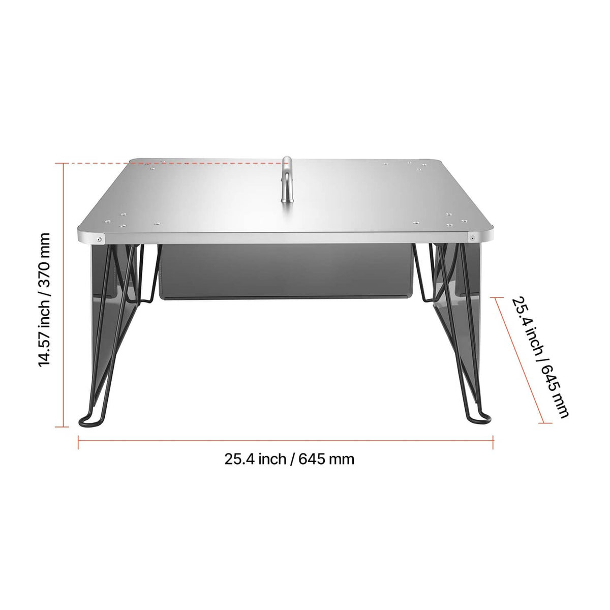 Square stainless steel heat deflector plate side view with size measurements