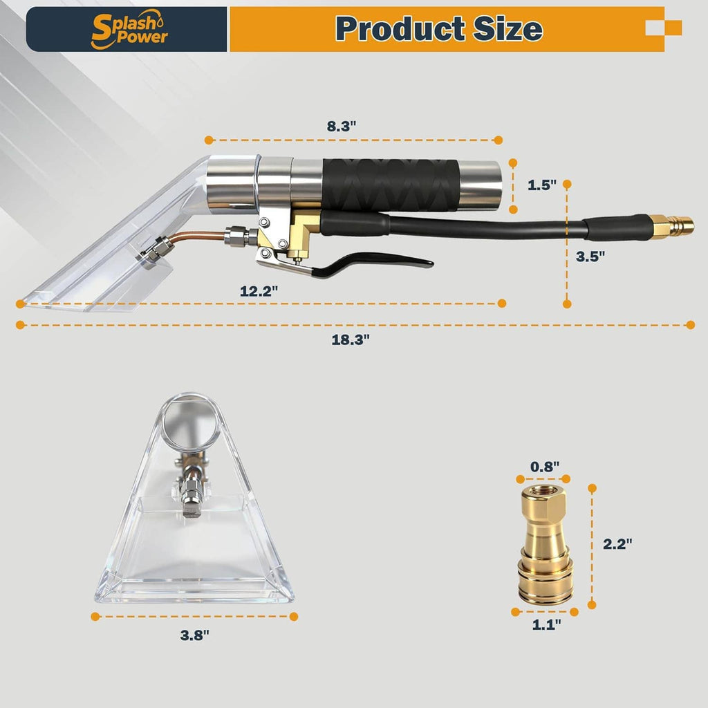Upholstery extractor wand product size diagram with measurements and clear spray head