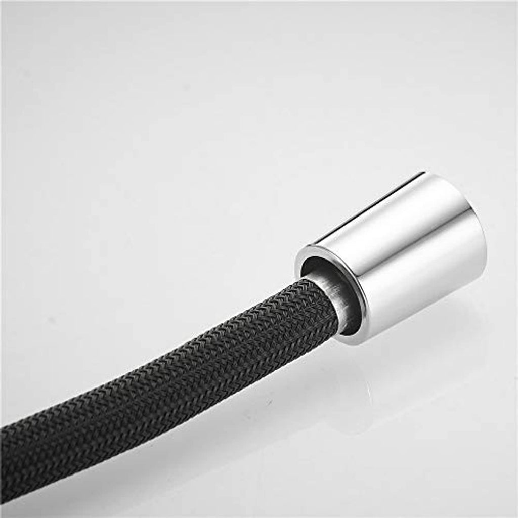 Chrome sleeve connector on black braided pull-down faucet hose, with inner hose opening.