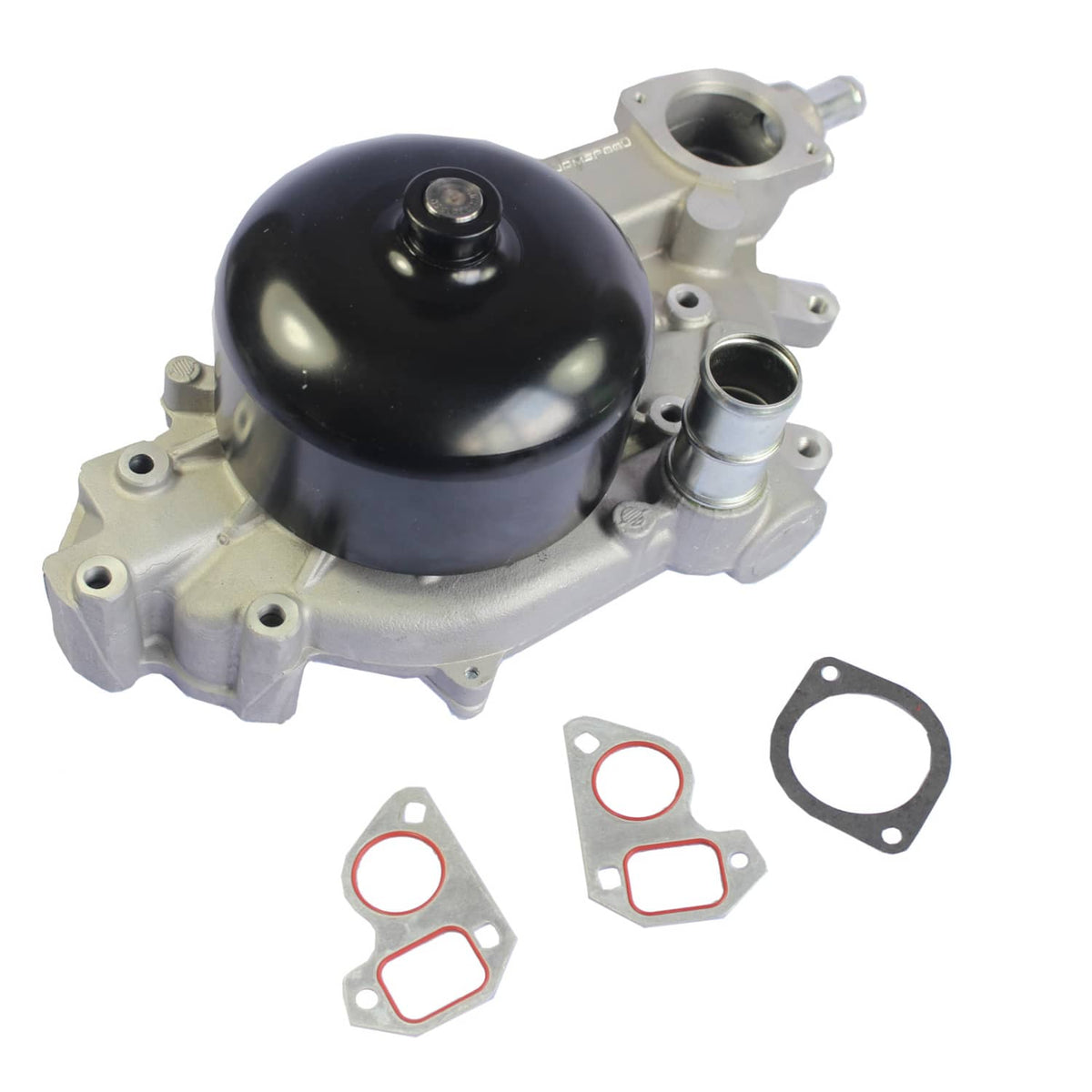 Water pump assembly with black cap, silver housing, and included gasket set