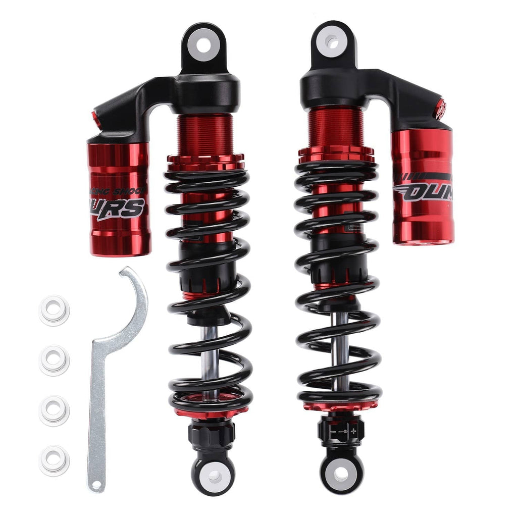 Set of two red front air shocks with black coil springs, plus mounting tool and washers