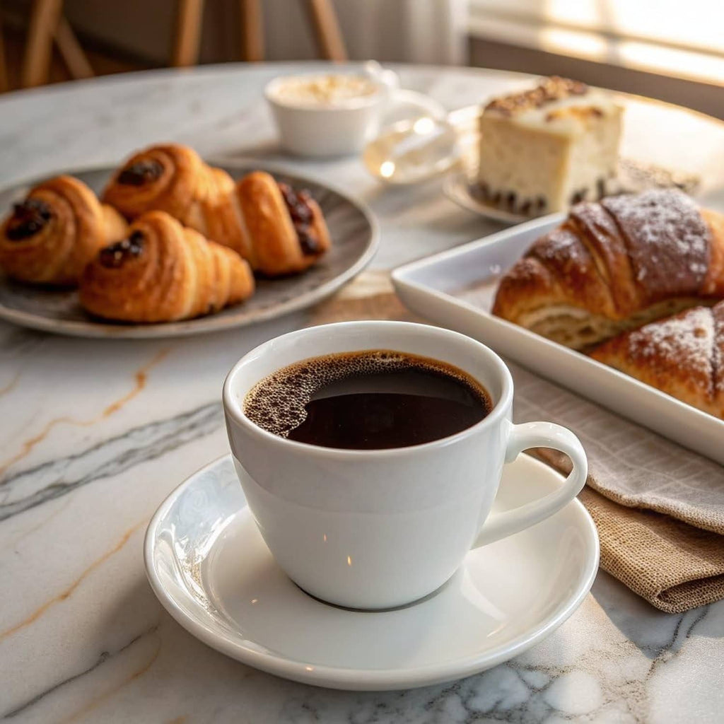White coffee cup filled with dark roast decaf coffee, with pastries on the side