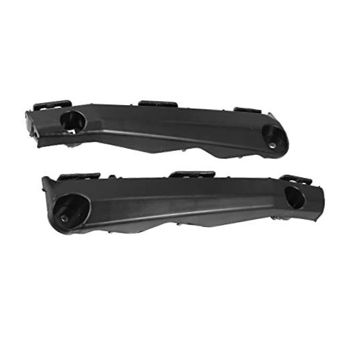 Pair of black front bumper retainer support brackets with round mounting ports