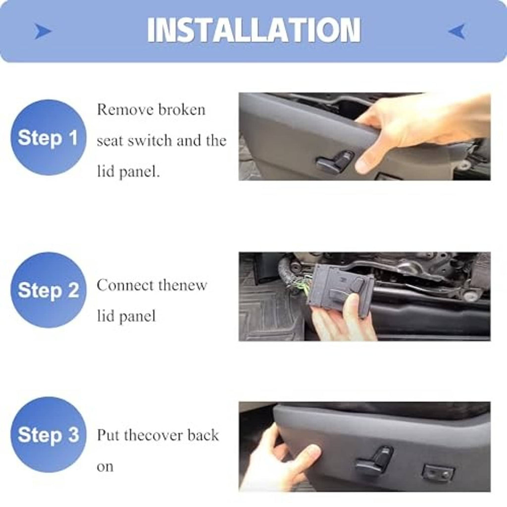 Power seat switch installation steps diagram with hand installing into panel