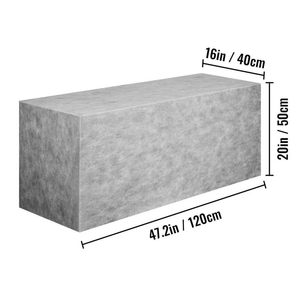 Gray rectangular shower bench seat board with measured length, width, and height