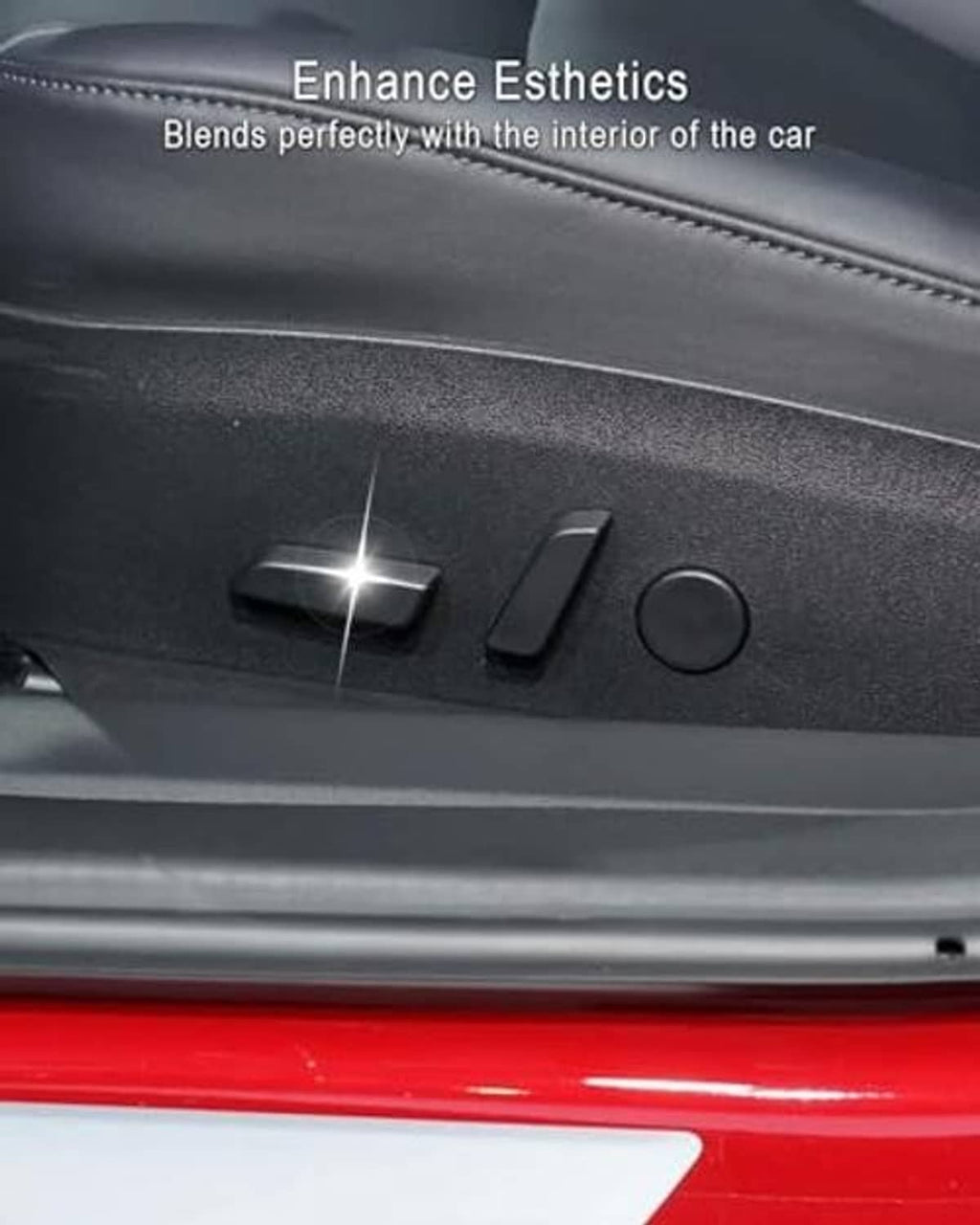 Black seat adjustment button insert in car interior next to a round control.