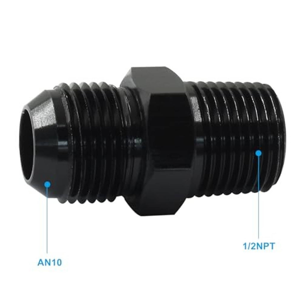 Black AN10 flare to 1/2NPT adapter fitting, hex body with threaded ends