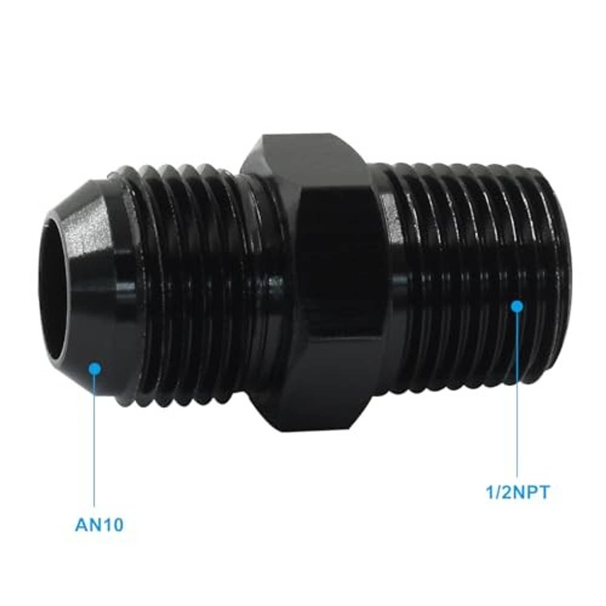 Black AN10 flare to 1/2NPT adapter fitting, hex body with threaded ends