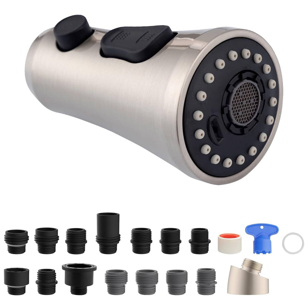Brushed nickel faucet sprayer head with black nozzle face and control buttons