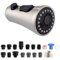 Brushed nickel faucet sprayer head with black nozzle face and control buttons