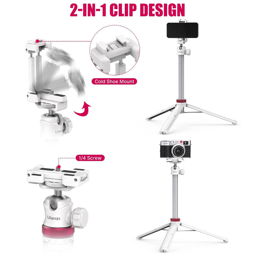 White phone tripod stand with multi-clip mount and adjustable center section