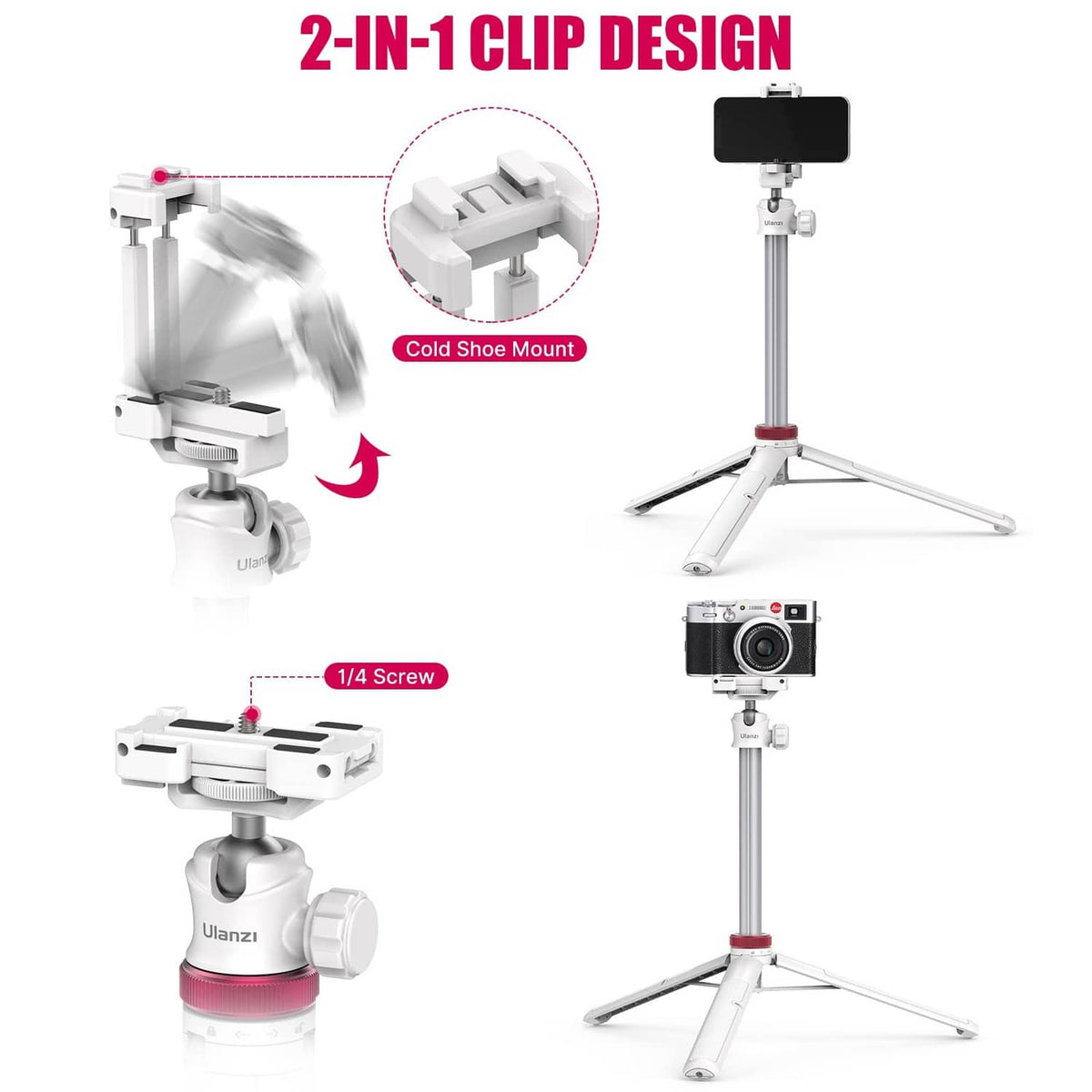 White phone tripod stand with multi-clip mount and adjustable center section