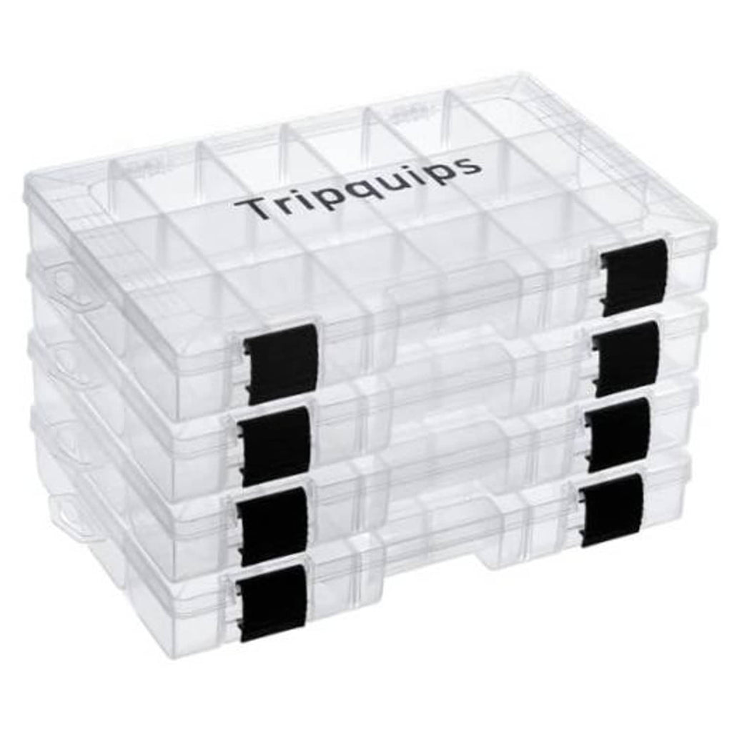 Clear plastic tackle tray storage box with multiple compartments and black latches