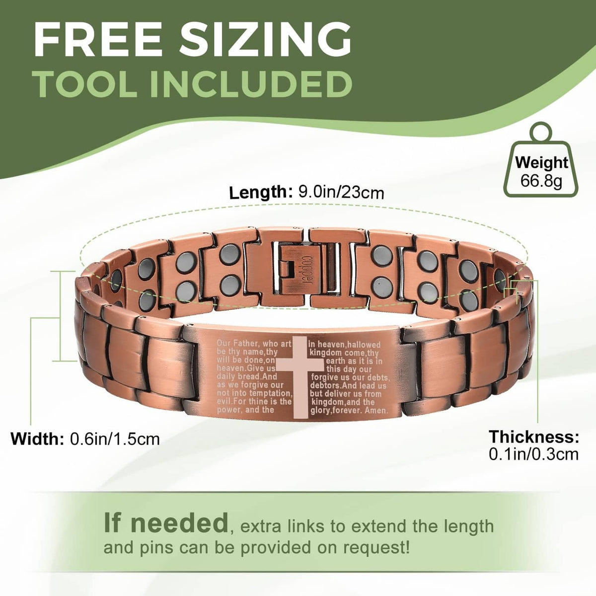 Copper magnetic bracelet with sculpted link plates and rectangular hinged clasp