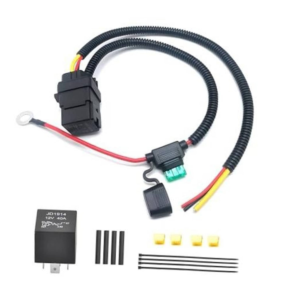 Fuel pump relay wiring harness kit with relay, connectors, and colored wires