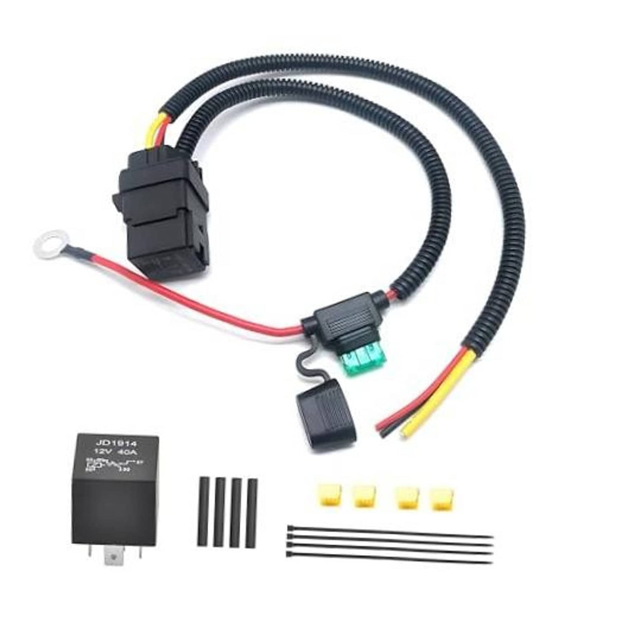 Fuel pump relay wiring harness kit with relay, connectors, and colored wires