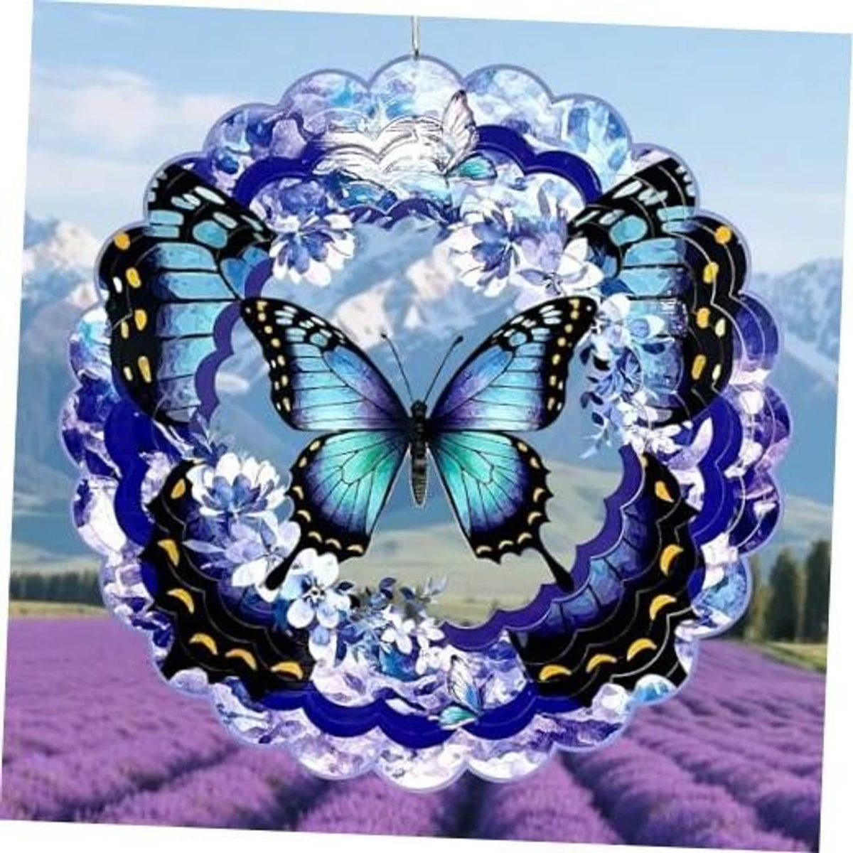Hanging 3D metal wind spinner with blue butterfly and circular scalloped blades