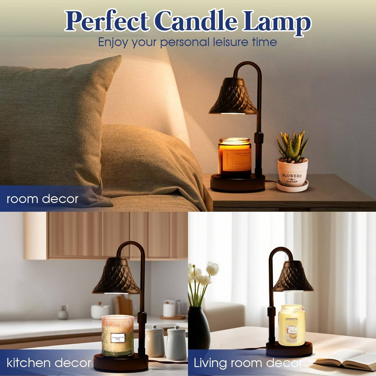 Black candle warmer lamp with domed shade, lit jar candle on side table