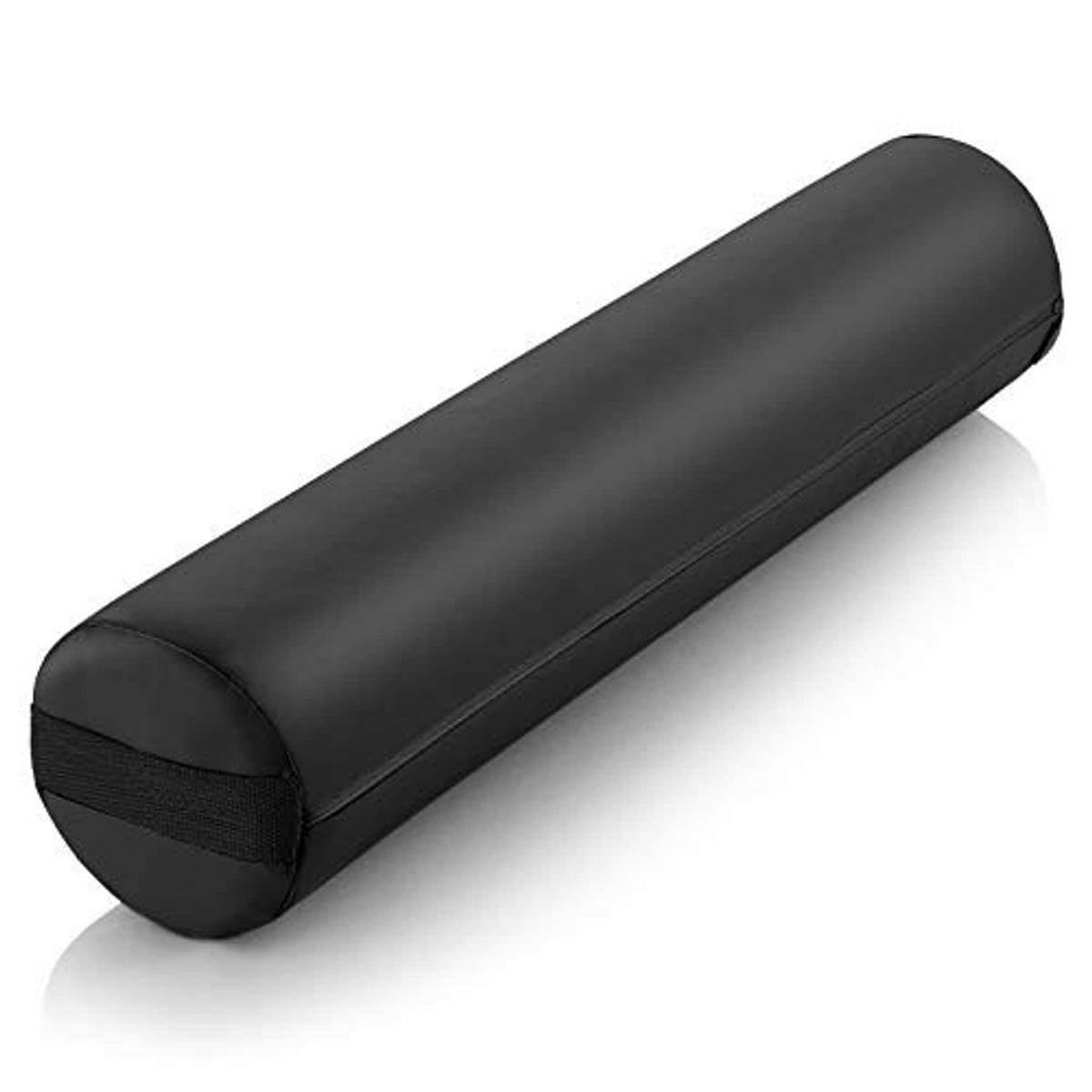 Black cylindrical massage table bolster pillow pad, angled side view