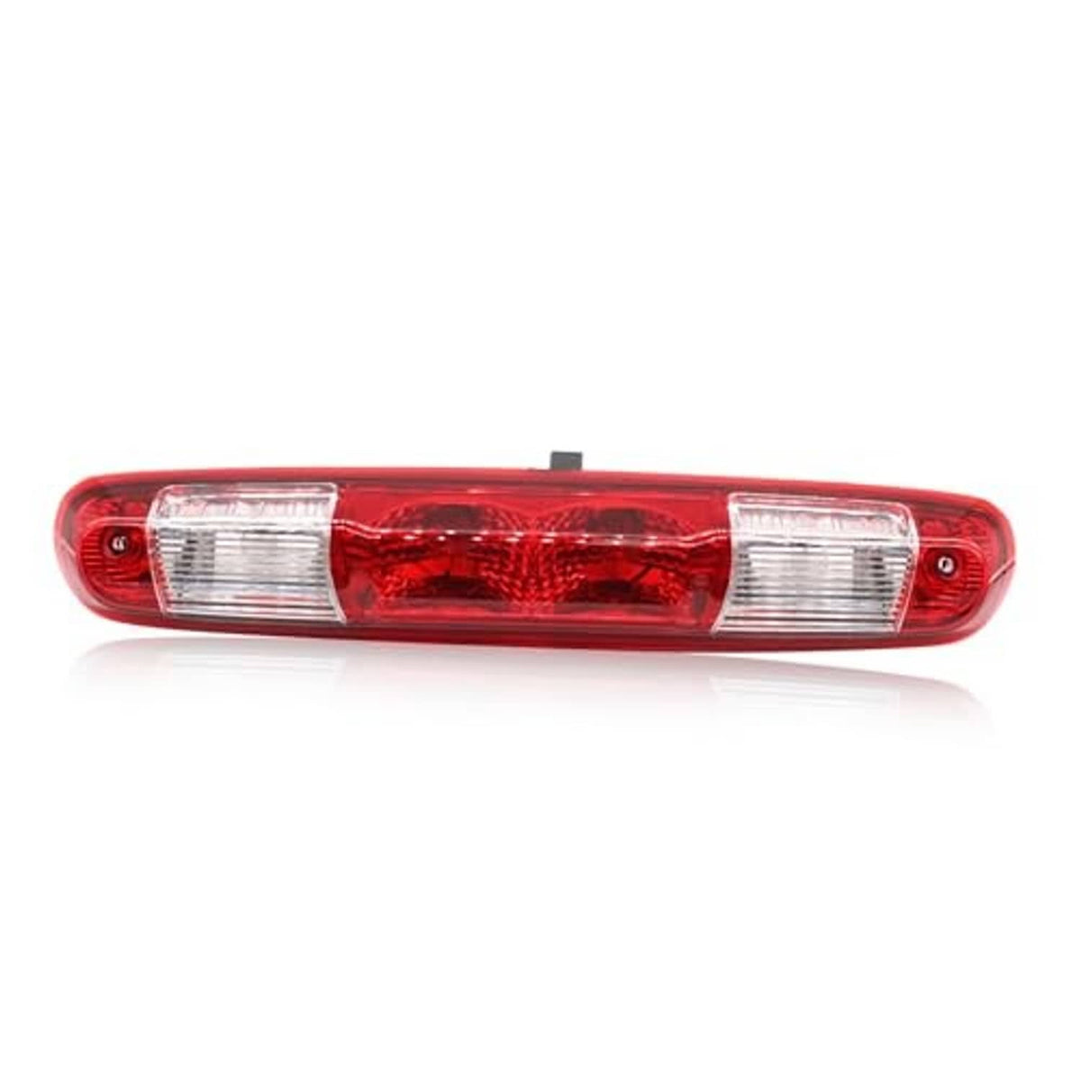 Red third brake light, straight-on view with clear outer lens panels