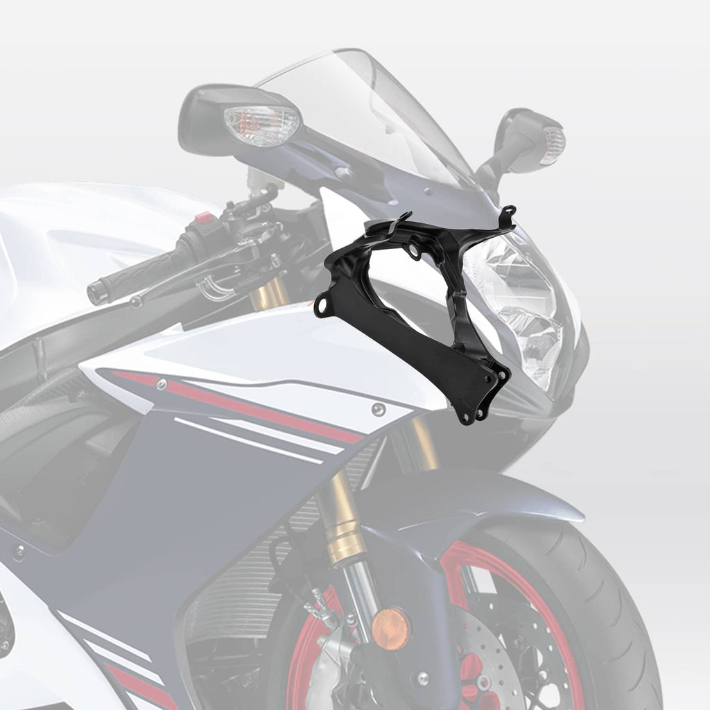 Black headlight upper stay bracket mounted on a motorcycle front
