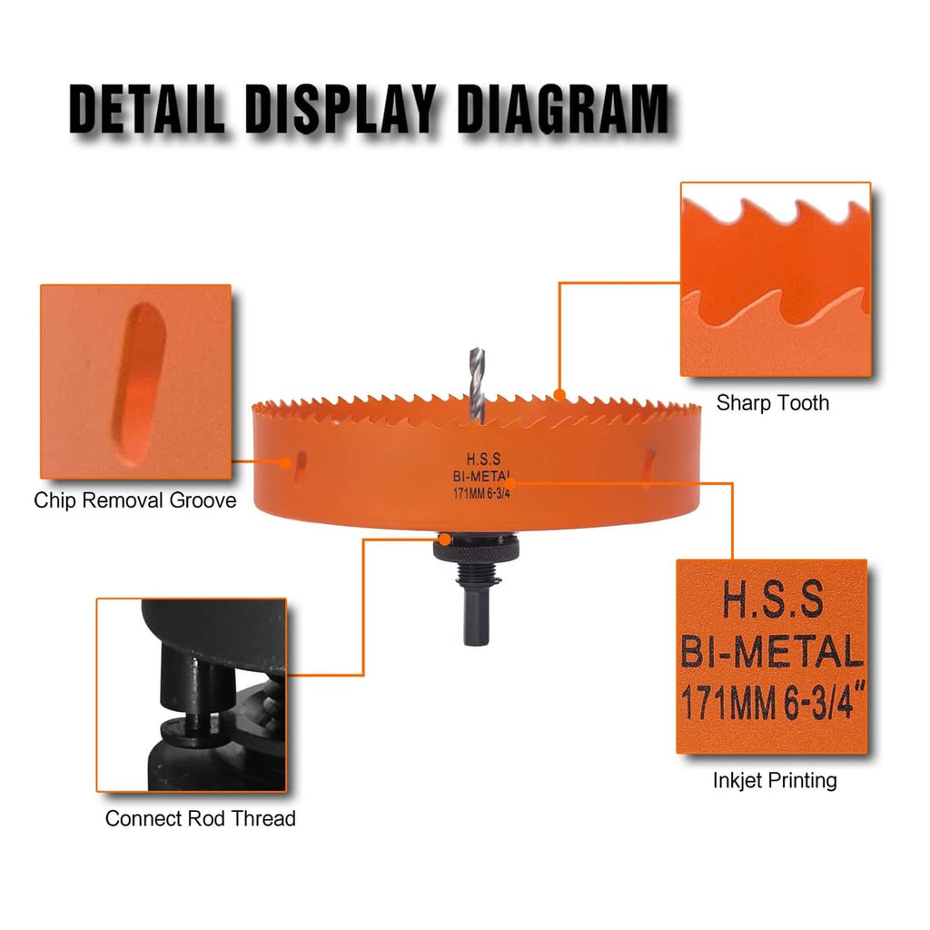Orange hole saw with sharp teeth, chip removal grooves, and connected rod thread