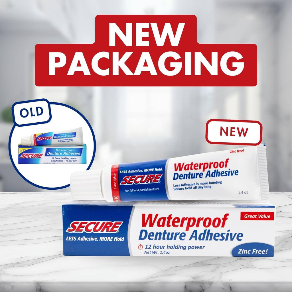 Waterproof denture adhesive box and tube, Secure, zinc-free
