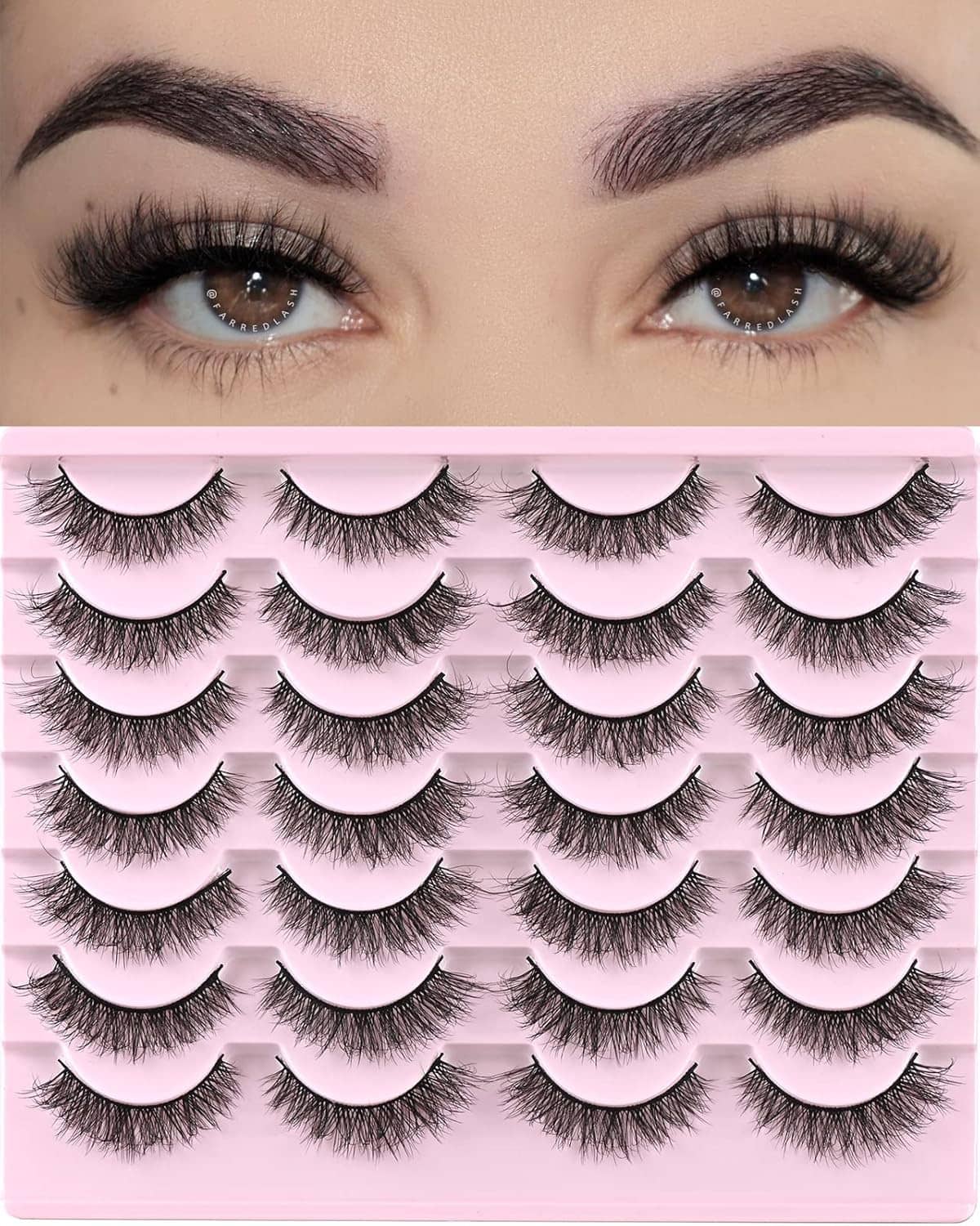 Model wearing natural short wispy false mink lashes, with lash tray beneath