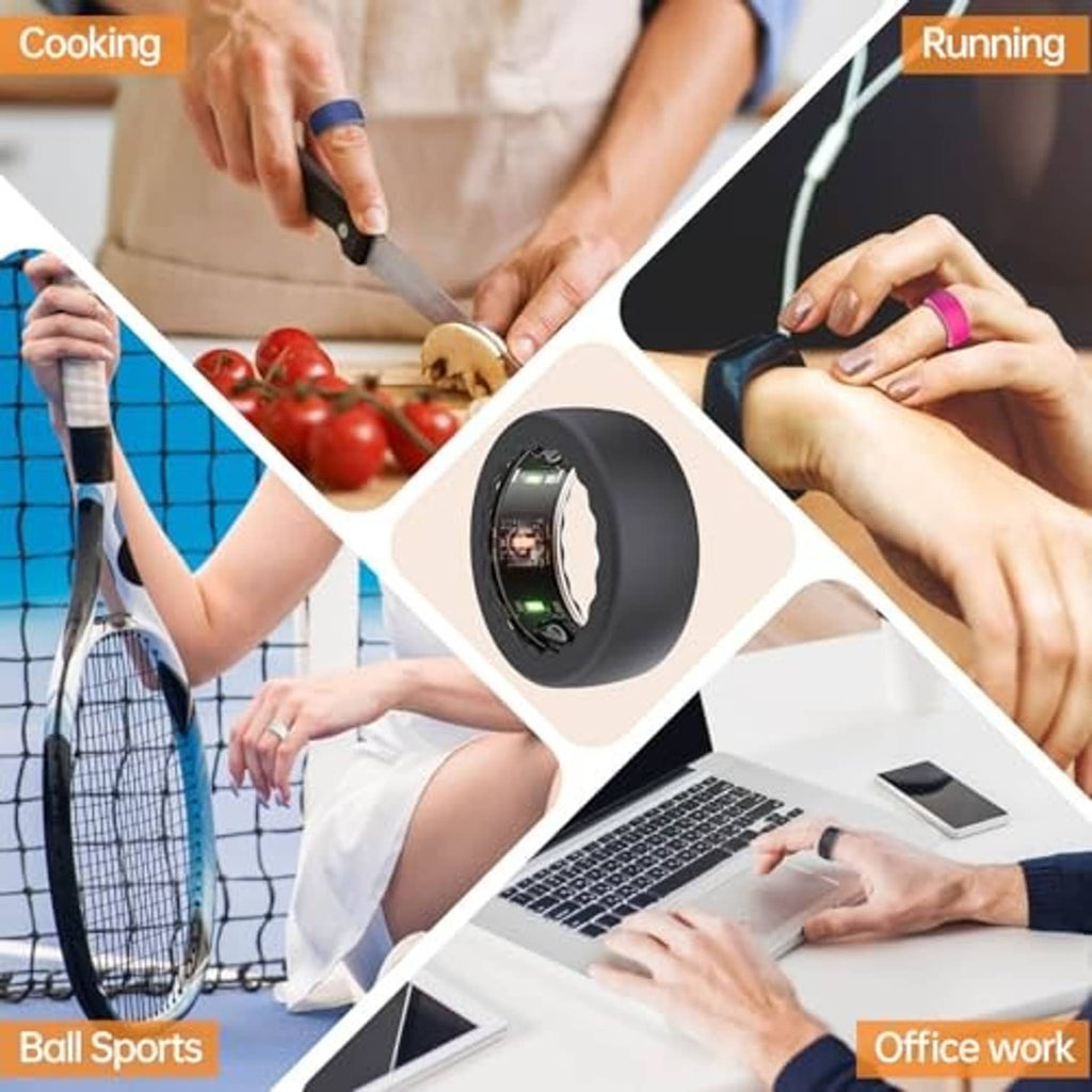 Silicone ring cover worn on a finger, shown on hands in a collage-style layout.