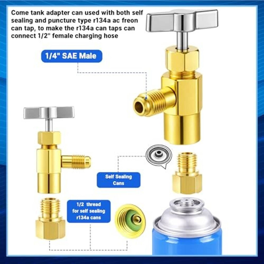 R134a tank adapter with self-sealing piercing tap and 1/4in SAE male fitting.
