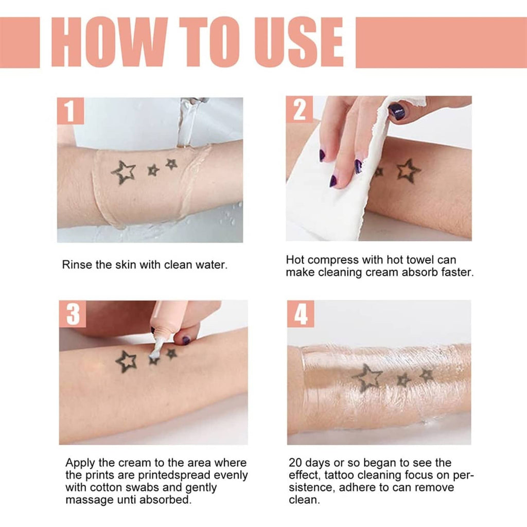 Tattoo erasing cream usage steps showing application to a star tattoo
